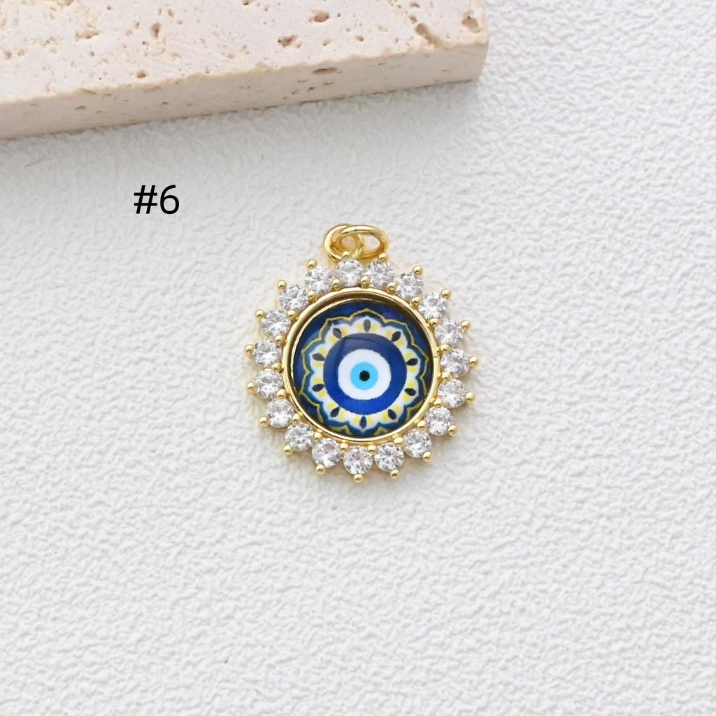 Evil Eye Charm, Enamel Devil's Eye Charm, Pave CZ, Round Pendant, 18K Gold Plated, Necklace Making Charm, Jewelry Findings S1347