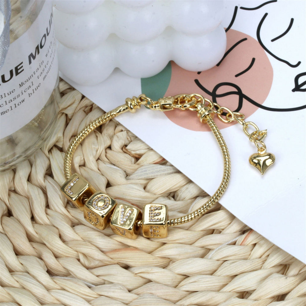 18K Shiny Gold Cube Alphabet Beads, Initial Square Beads, Micro CZ Pave, 9x9mm, Big Hole Letter Beads for Necklace Bracelet Making S909