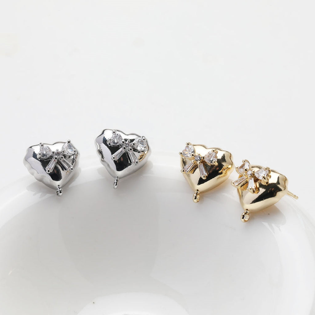 Heart CZ Post Earring, 14K Gold/Silver Nickel Free Earrings, S925 Silver Ear Pins, Heart Shape Ear Stud with Loop GZ508