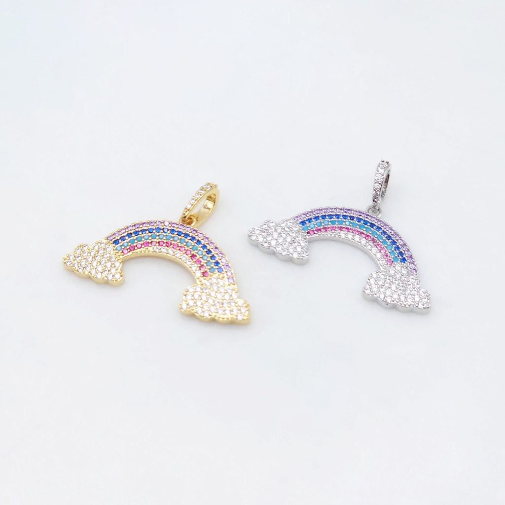 Dainty Rainbow Cloud Charm, Colorful Micro CZ Pave Rainbow Pendant, 36mm, 18K Gold Plated, Necklace Making Charm, Jewelry Findings S20476