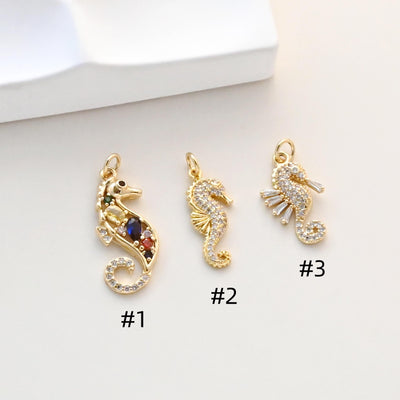 Seahorse Charms, 18K Gold Plated Cubic Micro CZ Pave Charms, Seahorse Pendant for Necklace Jewelry Findings S20739