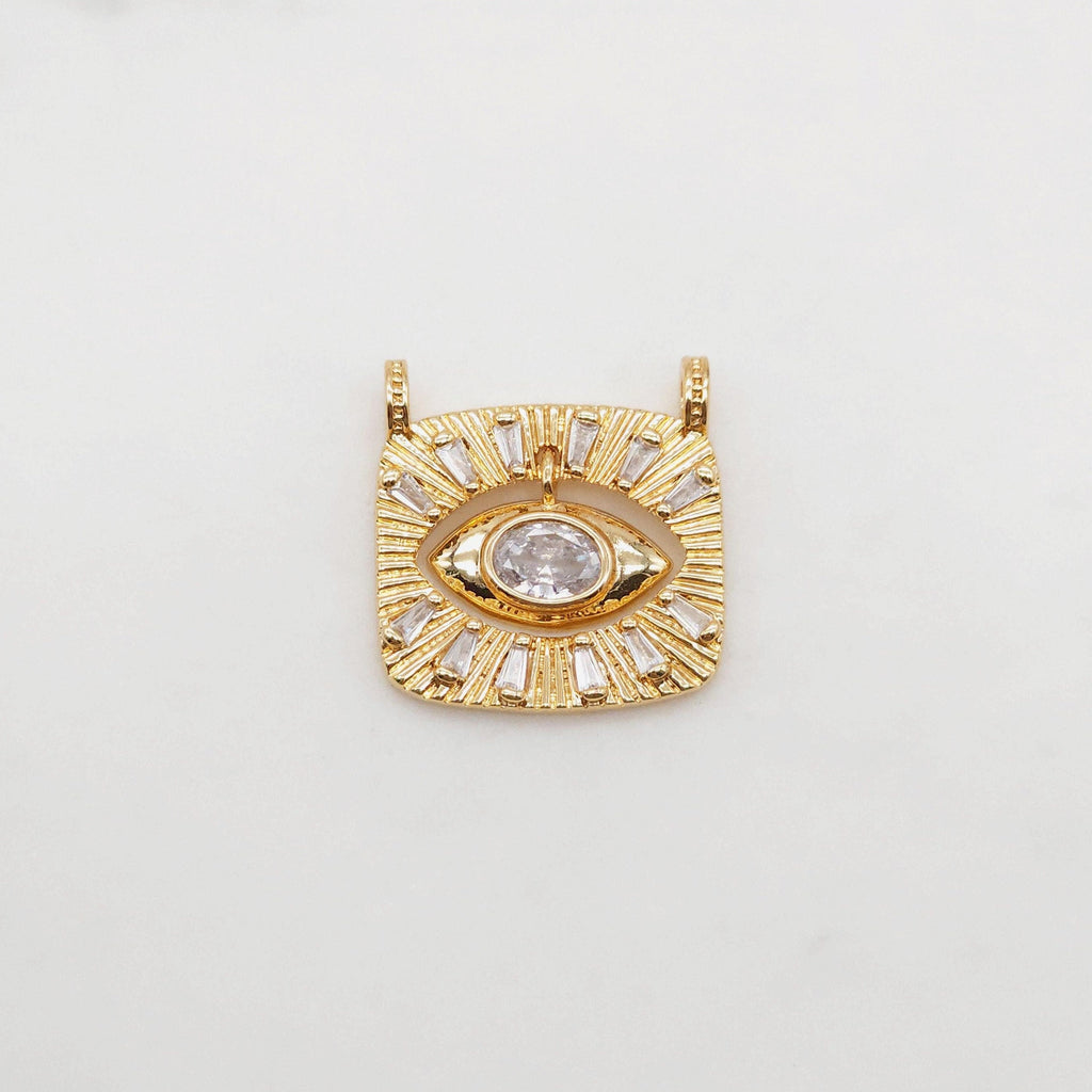 Rectangular Evil Eye Charm, 18K Gold Plated,  Pave CZ Eye Pendant, 22.8x22mm, Necklace Making Charm, Jewelry Findings S20380