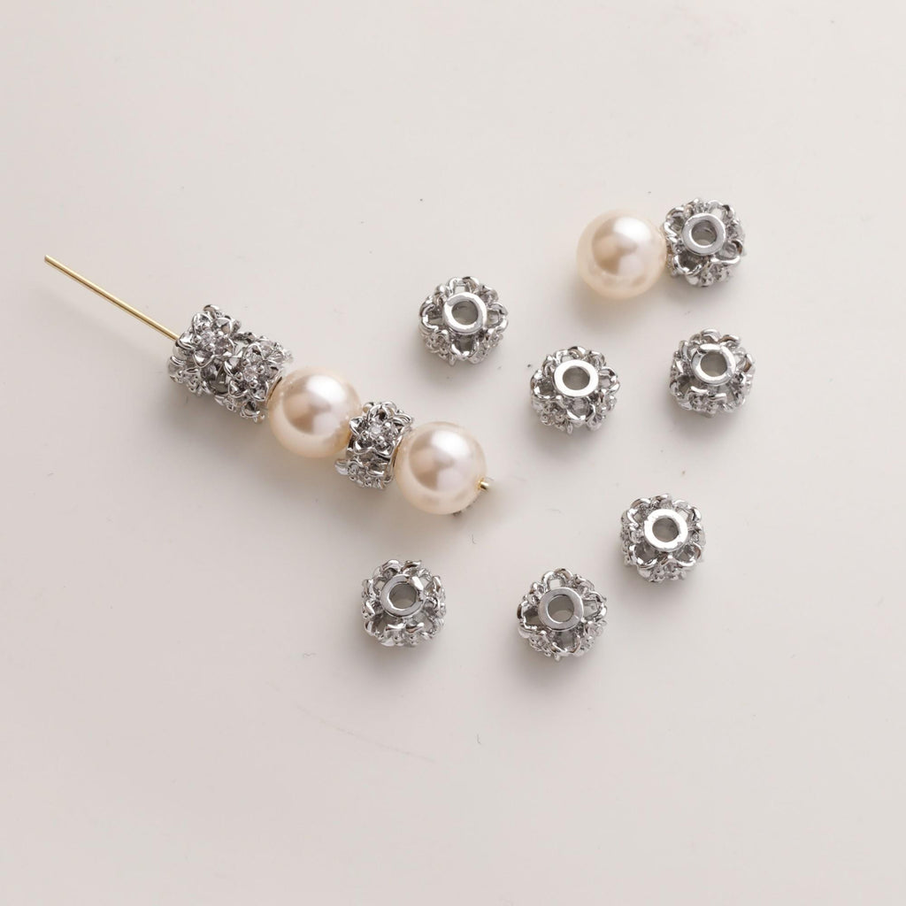 Cuentas espaciadoras con forma de flor de circonita pavé, chapadas en oro y plata de 14 quilates, cuentas redondas, delicadas cuentas para hacer aretes, accesorio de joyería GZ720