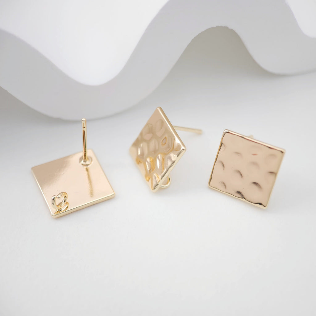 14K Gold Square Hammered Post With Loop, Square Stud Earring Nickel Free, 12mm, Hypoallergenic Earring Findings ZX171