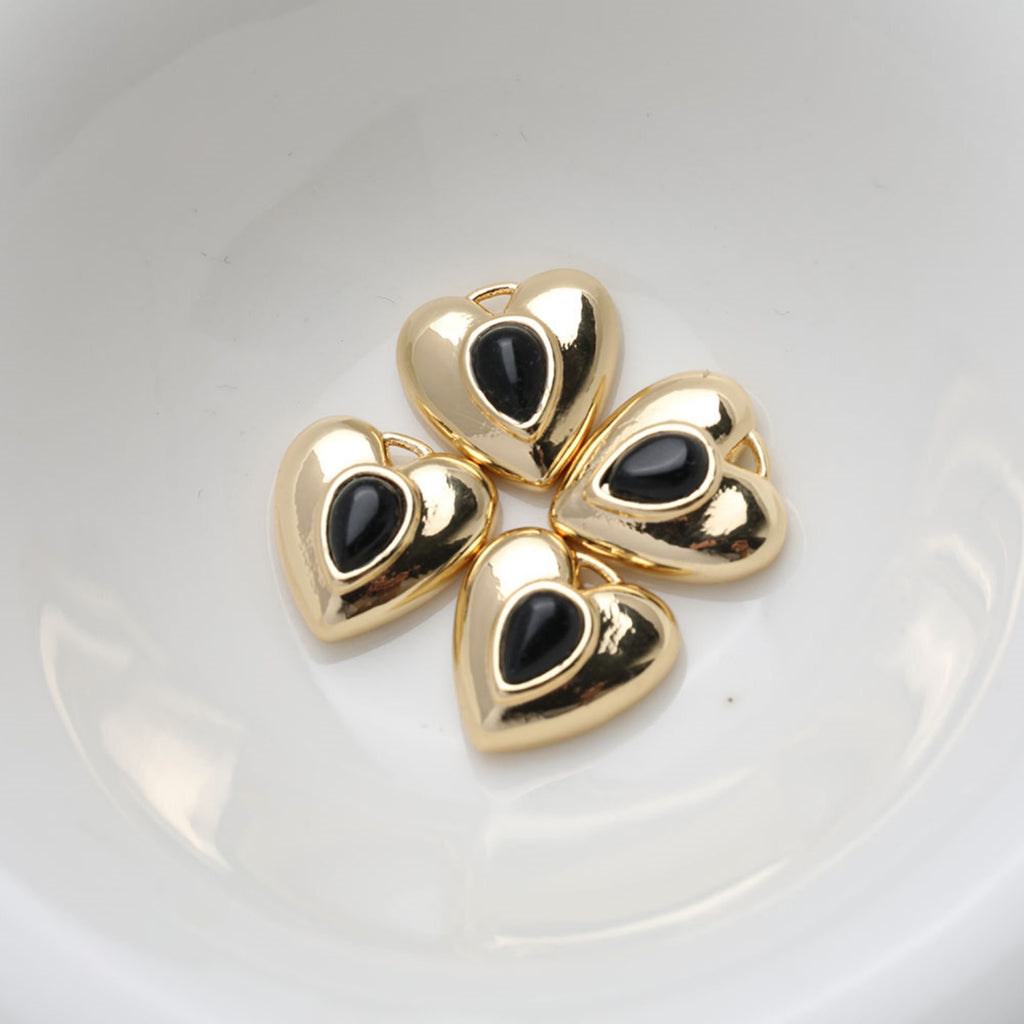 Heart Charms, Pave Black Stone, 14K Gold Plated, Love Pendant, Necklace Making Pendants, Jewelry Findings GT031