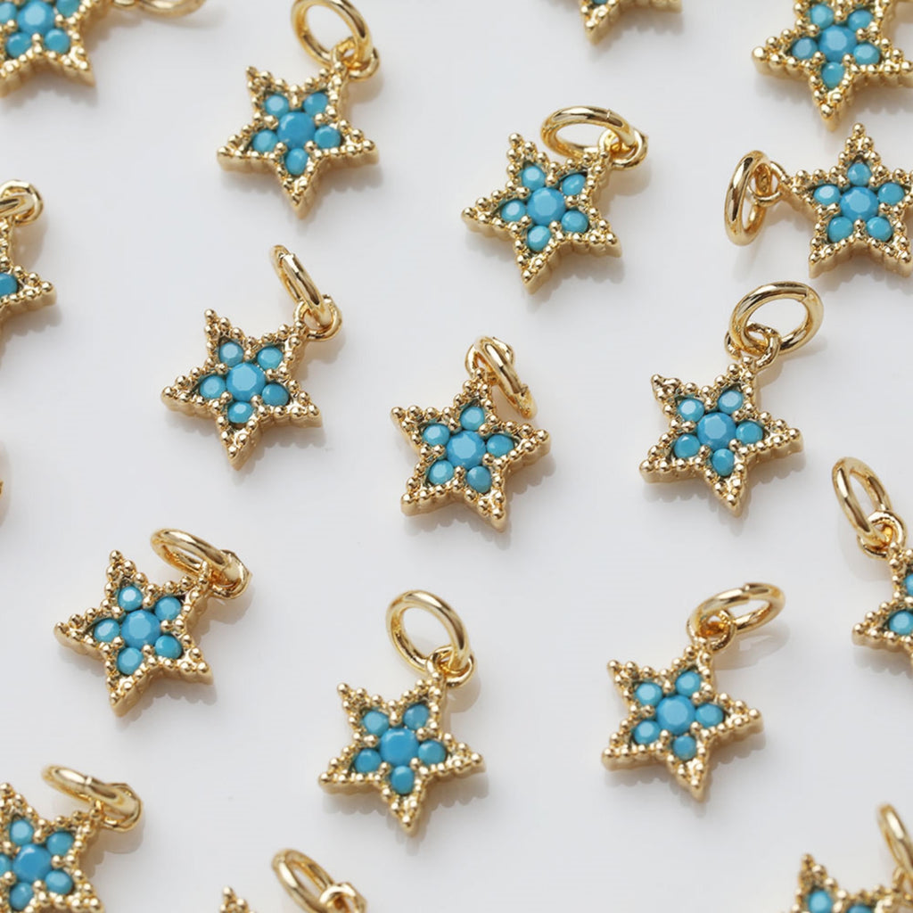 Star Charm, Turquoise Pave Pendant, Real Gold Plated Brass Earring Charms, Jewelry Findings GZ396