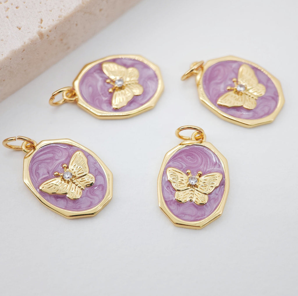 Oval Shape Butterfly Charm, 18K Gold Plated Purple Enamel Butterfly Pendant, 12x18mm, Necklace Making Charm, Jewelry Findings S1075