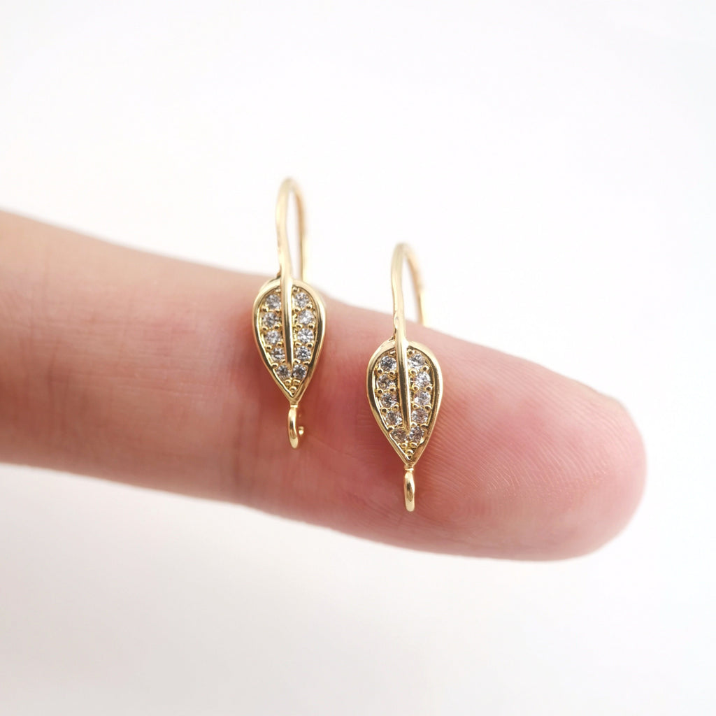18K Gold Plated Ear Wires, Learf Cubic Pave Earring Hooks, Nickel Free, Fish Hooks, Ear Wires for Jewelry Making D0132