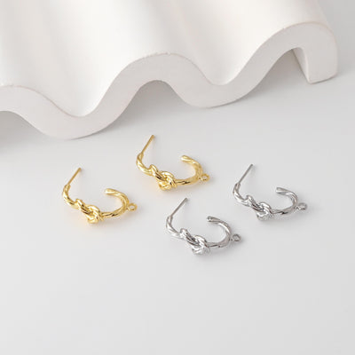 Pleated C Shape Knot Earrings Post With Loop, 18K Gold Plated, Nickel Free, S925 Silver Pin, Ear Stud Hypoallergenic Earring Findings D0431