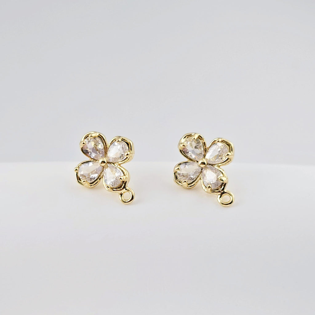 Cubic Zirconia Flower Post Earrings, Gold Plated Earring Post with Loop, Hypoallergenic, Handmade Earring Finding,DIY Earring Supplies D0263