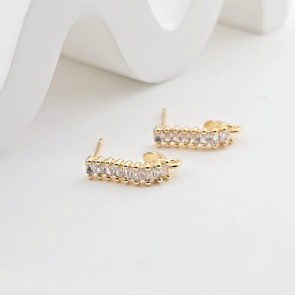 J Shape Ear Post with Loop, Nickel Free, CZ Pave, 15.2*3.7mm, Silver/18K Gold Plated Stud Earring Finding ZX303