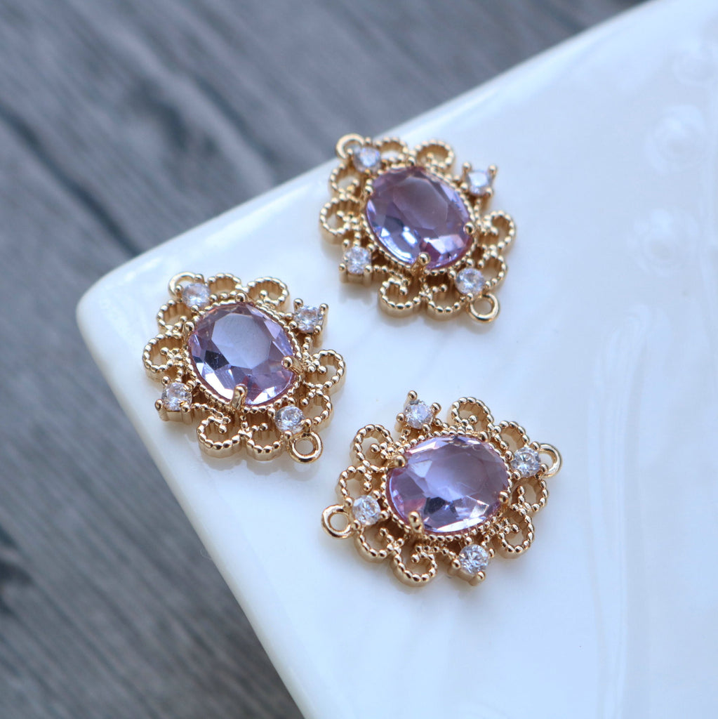 10pcs Flower Oval Charm, Cubic Zircon Crystal Flower Pendant, Real Gold Plated Brass Earring Charms, Jewelry Findings HL079-F119