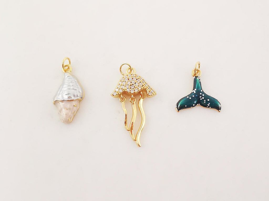 Enamel Marine Life Charms, Jellyfish, Seashell, Fishtail Pendant, Gold Plated Cubic Pave Charms, Bracelet Making, Jewelry Findings S20239