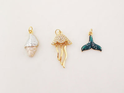 Enamel Marine Life Charms, Jellyfish, Seashell, Fishtail Pendant, Gold Plated Cubic Pave Charms, Bracelet Making, Jewelry Findings S20239