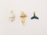 Enamel Marine Life Charms, Jellyfish, Seashell, Fishtail Pendant, Gold Plated Cubic Pave Charms, Bracelet Making, Jewelry Findings S20239