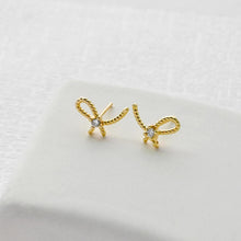 Load image into Gallery viewer, Bow Tie Earring Post With Loop, 18K Gold Plated, Green CZ Pave, Nickel Free Earrings, Bow Tie Ear Stud with Loop D0467