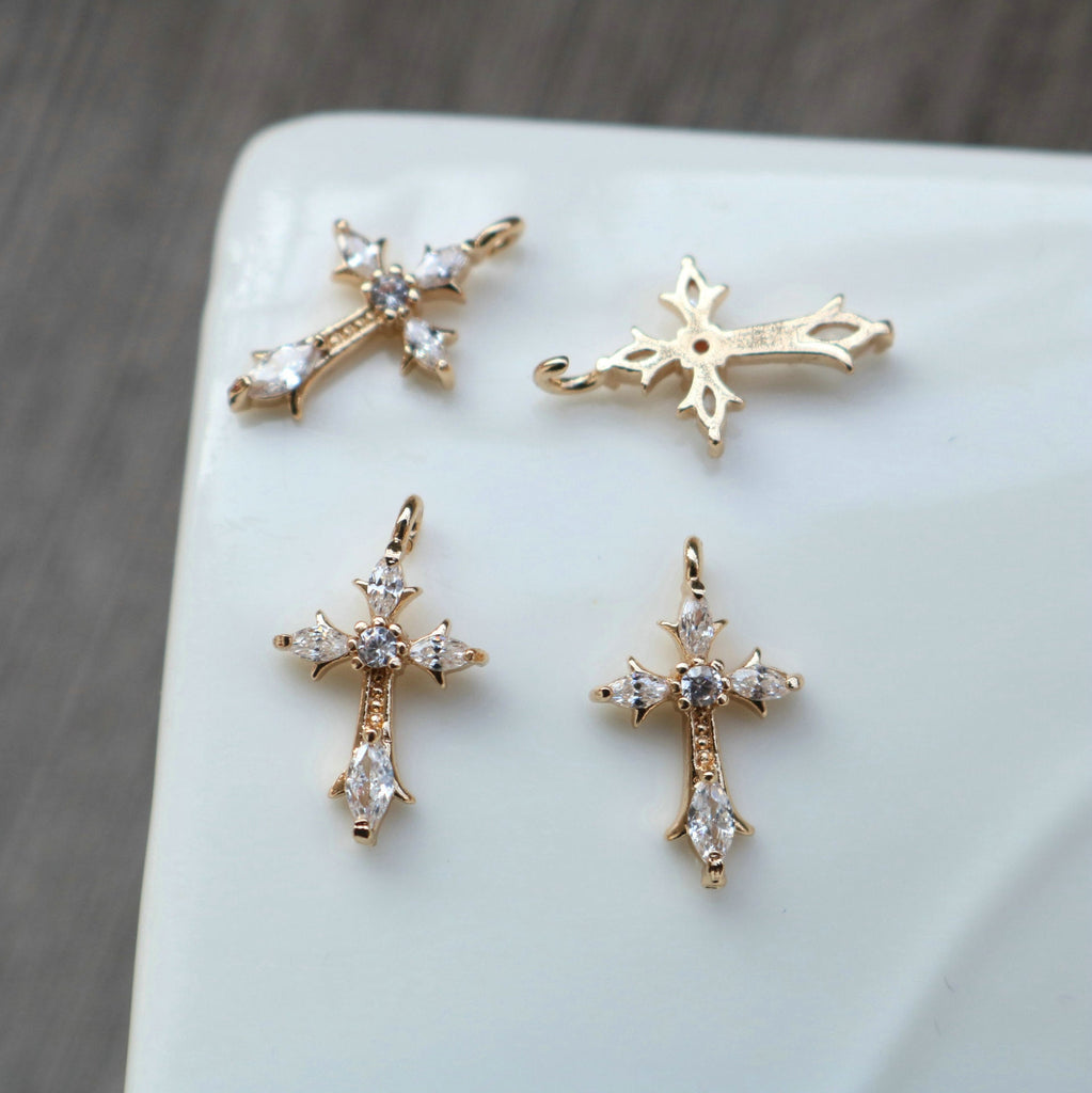 10pcs Cross Charm, Cubic Zircon Crystal Pendant, Real Gold Plated Brass Earring Charms, Jewelry Findings HL106-F102