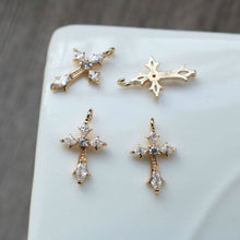 Load image into Gallery viewer, 10pcs Cross Charm, Cubic Zircon Crystal Pendant, Real Gold Plated Brass Earring Charms, Jewelry Findings HL106-F102