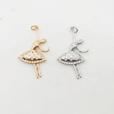Dancing Girl Pendant, Ballet Girl Charm, CZ Pave, 18K Gold/Silver Plated, 36mm, Necklace Making Charm, Jewelry Findings Round S20402