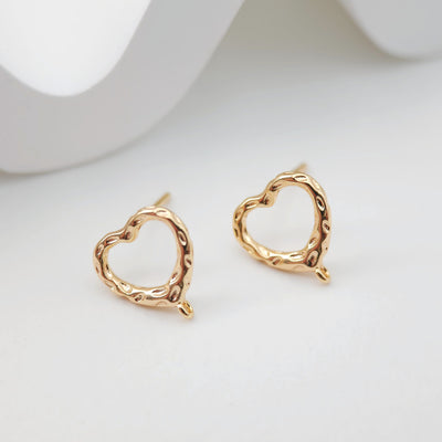Gold Polished love heart CZ Earring Post,  14K Gold Nickel Free Earrings, S925 Silver Ear Pins, 11mm, Heart Shape Ear Stud with Loop ZX172