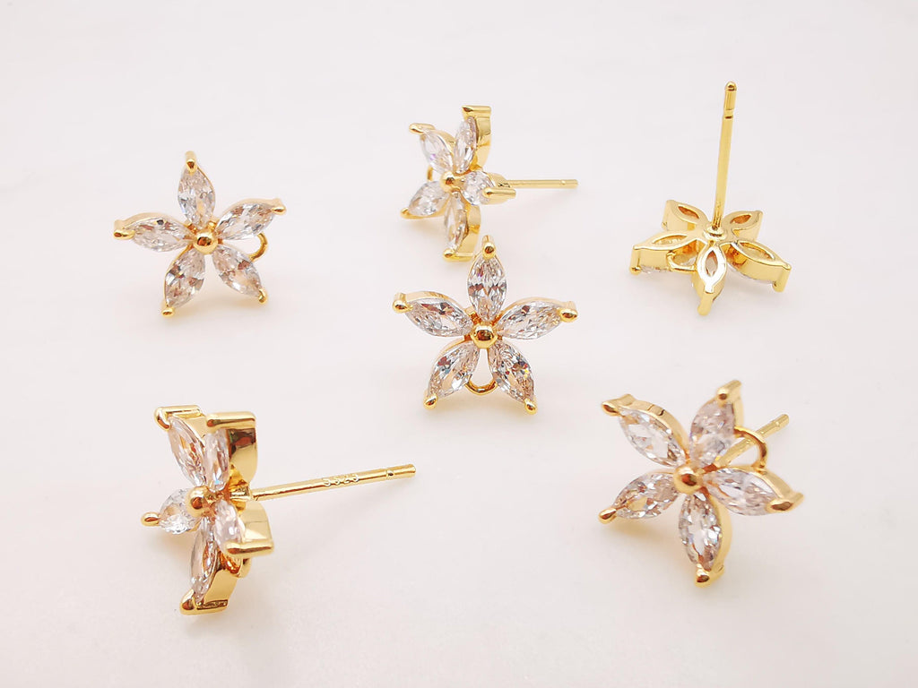 4PCS Cubic Flower Earring Post with Loops, S925 Silver Pin Nickel Free Earrings, Ear Stud Loop, Hypoallergenic Earring Findings Z005