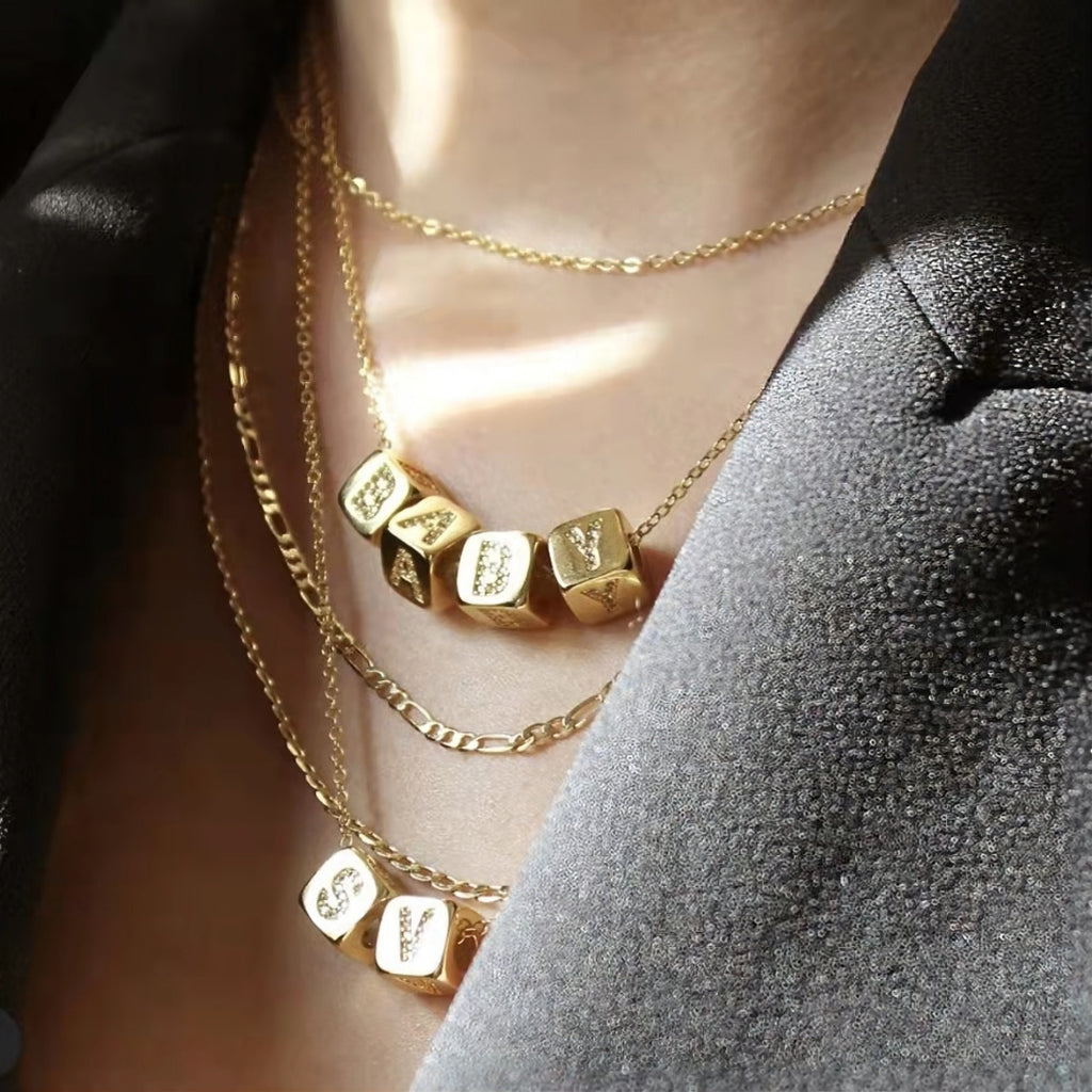 18K Shiny Gold Cube Alphabet Beads, Initial Square Beads, Micro CZ Pave, 9x9mm, Big Hole Letter Beads for Necklace Bracelet Making S909