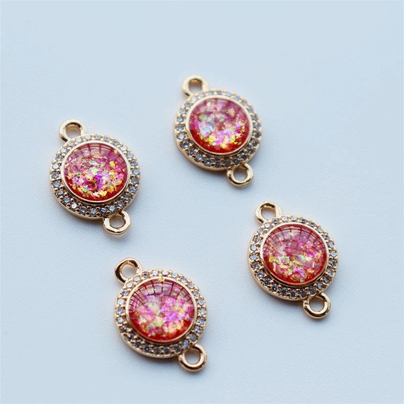 5pcs Faux Opal Round Connectors, Cubic Zircon Crystal Pendant, Bracelet Necklace Pendant, 14K Real Gold Plated, Jewelry Findings JY082-F236