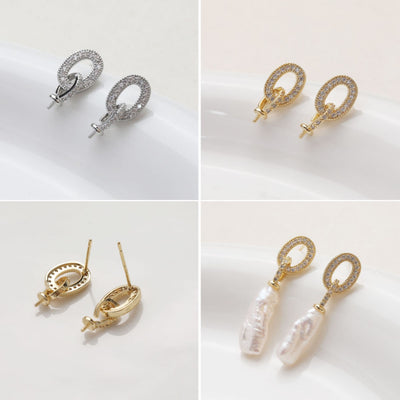 دبوس أذن من الفضة الإسترليني عيار 925 على شكل نجمة بيضاوية مرصعة بحجر الزركونيا المكعب، مع حلق أذن من الذهب عيار 18 قيراطًا مع أغطية تثبيت لنتائج أقراط اللؤلؤ نصف المثقوبة GZ388