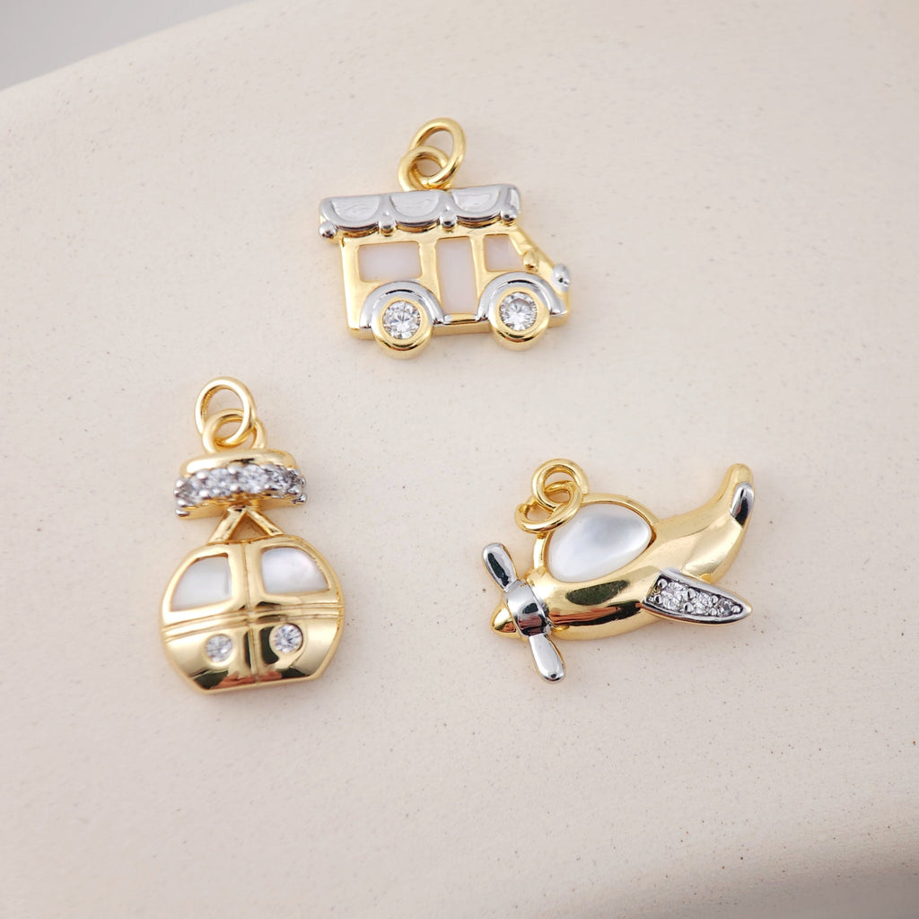 Transportation with Shell Pendant, 18K Gold, MOP Charm, Cable Car, Aircraft, Bus Charm, Earring Necklace Making Finding S1116