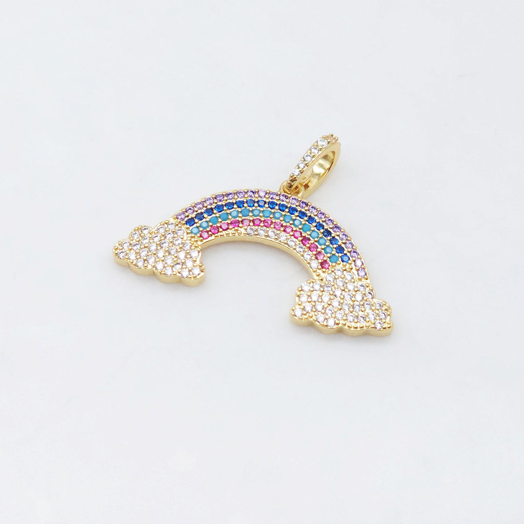 Dainty Rainbow Cloud Charm, Colorful Micro CZ Pave Rainbow Pendant, 36mm, 18K Gold Plated, Necklace Making Charm, Jewelry Findings S20476