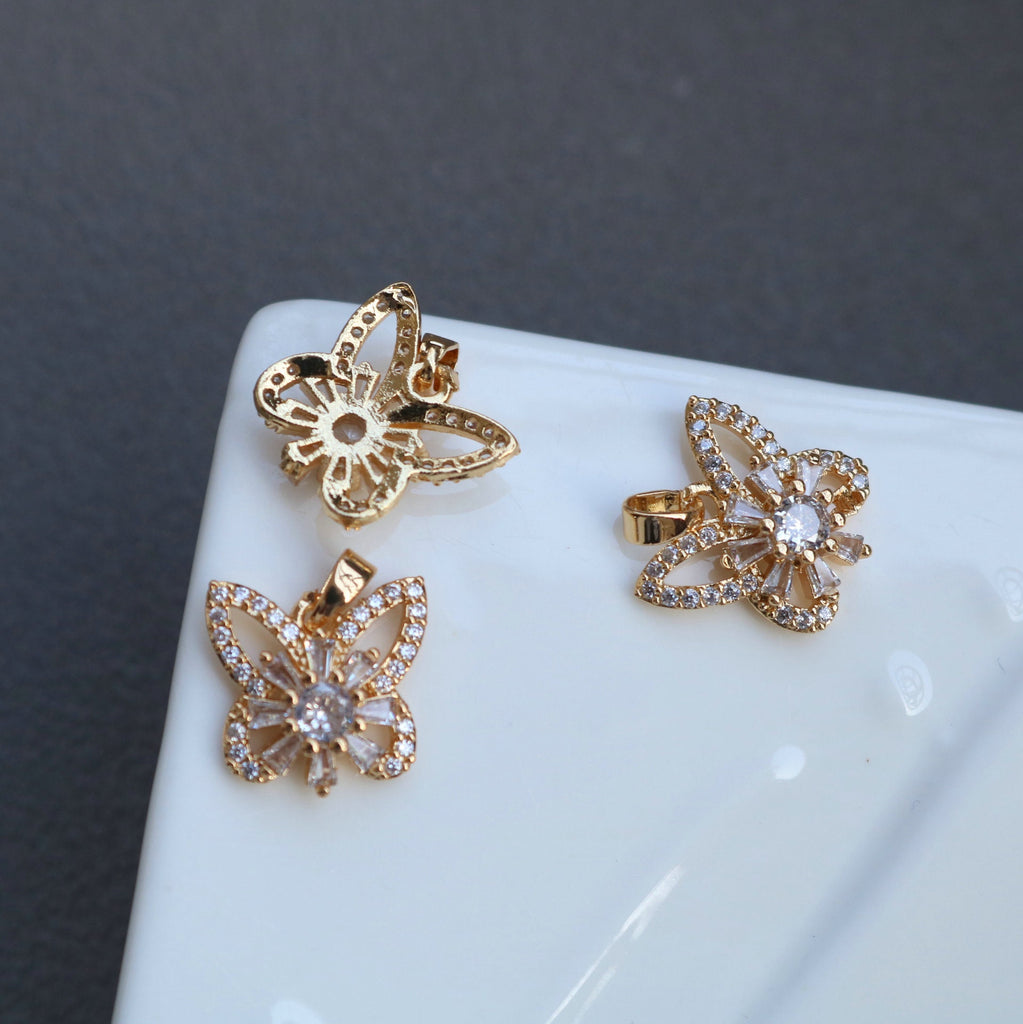 CZ Pave Butterfly Charm, Cubic Zircon Crystal Butterfly Pendant, Bracelet Necklace Pendant, 14K Gold Plated, Jewelry Findings HL005-F227