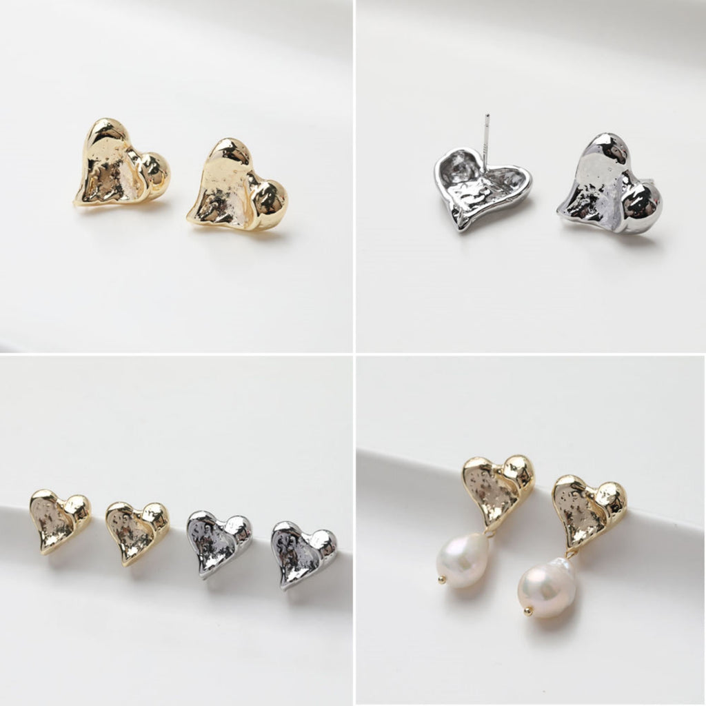 Gold Heart Earring Post, 14K Gold Nickel Free Earrings, S925 Silver Ear Pins, 17.8*17.7mm, Heart Shape Ear Stud with Loop GZ509-D0449