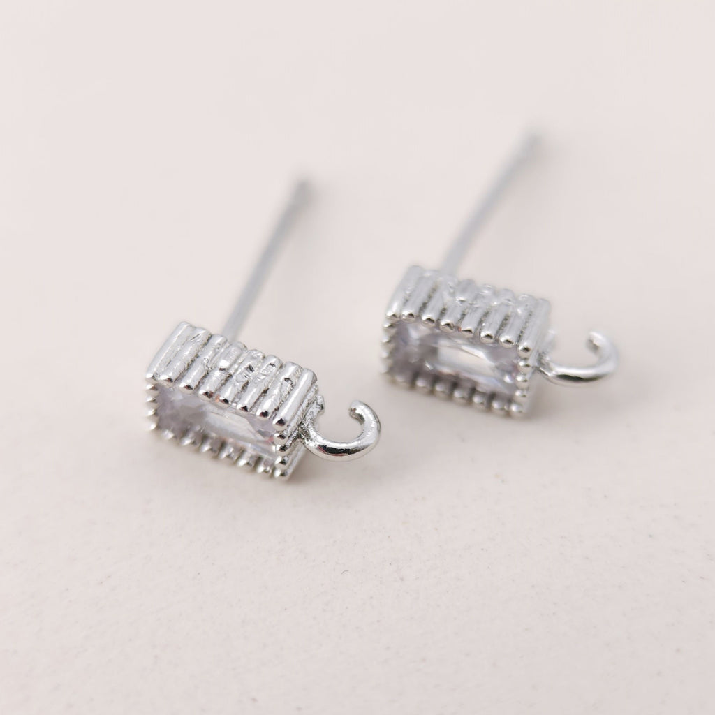 Rectangular CZ Earring Post With Loop, S925 Silver Pin Nickel Free Post, 18K gold Plated, Hypoallergenic Earring Findings S1181