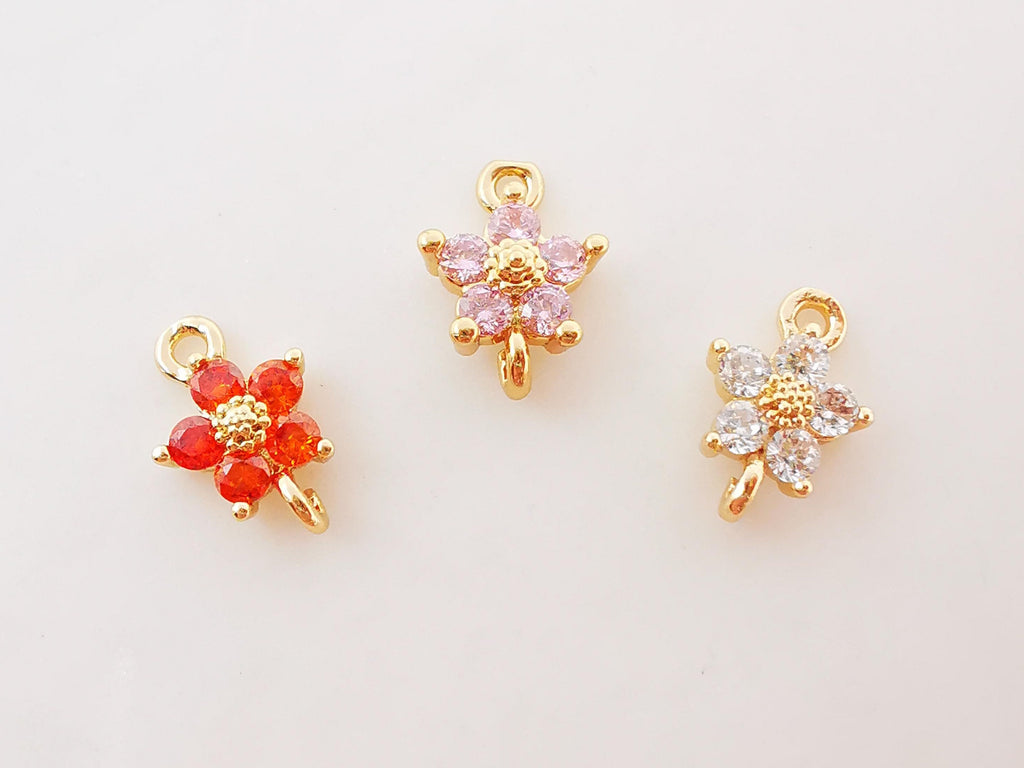 5pcs Flower Connector Charm with loops, Multicolour Cubic Pave Pendant, Bracelet Necklace Making, Gold Plated Jewelry Findings L001-F258