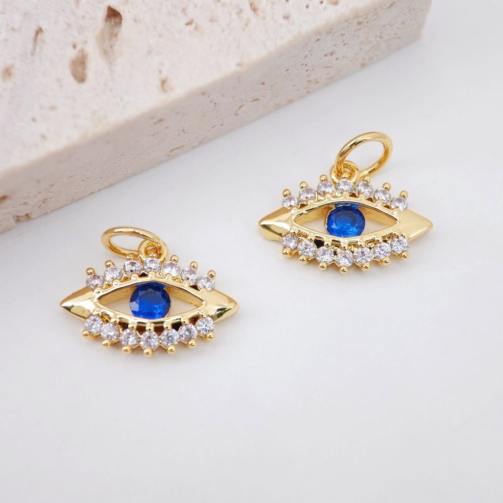 Blue Evil Eye Charm, 18K Gold Plated Micro CZ Pave Eye Pendant, 14x10mm, Necklace Making Charm, Jewelry Findings S930