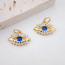 Load image into Gallery viewer, Blue Evil Eye Charm, 18K Gold Plated Micro CZ Pave Eye Pendant, 14x10mm, Necklace Making Charm, Jewelry Findings S930