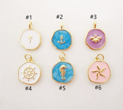 Multicolor Enamel Round Coin Charm, 18K Gold Plated Cross/Anchor/Bees/Rudder/Seahorse, 14mm, Necklace Bracelet Making Pendant, S1076
