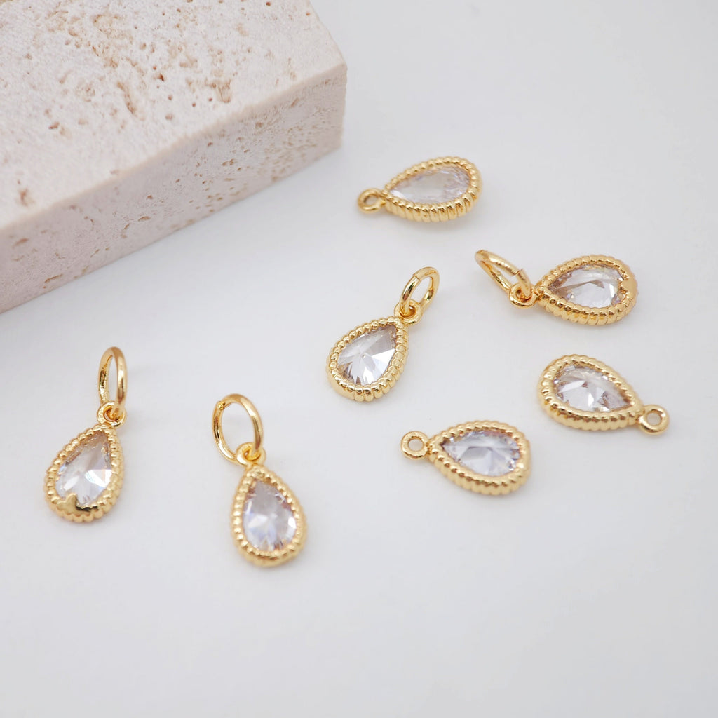 Teardrop Charm, Clear Cubic Pave Charm, 9mm, Tear Drop Pendant, Bracelet Necklace Making, Gold Plated Jewelry Findings S1043