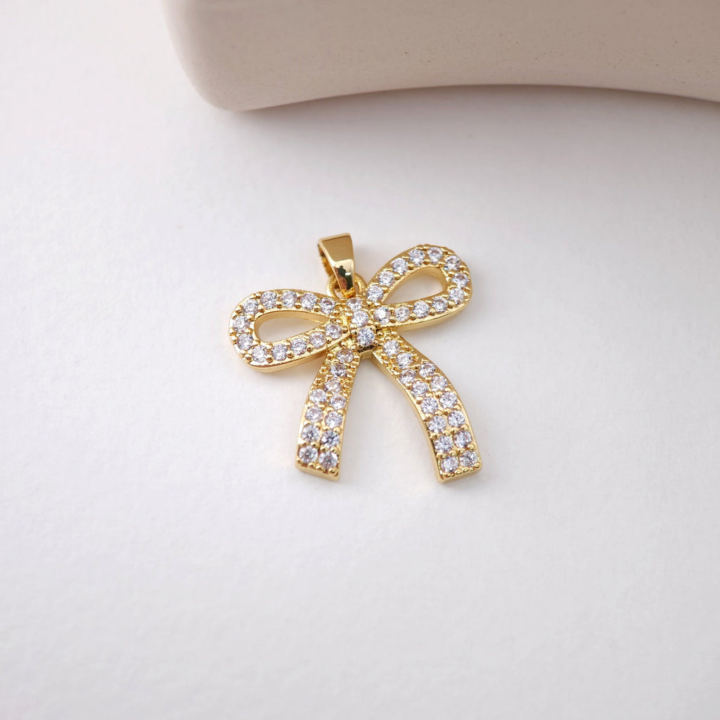 CZ Pave Bow Tie Charm, Cubic Zircon Crystal Bow Tie Pendant, Bracelet Necklace Pendant,  Gold Plated, Jewelry Findings S1217
