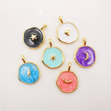 Load image into Gallery viewer, Multicolor Enamel Round Coin Charm, 18K Gold Plated Star/Heart/Moon/Wing/Light, 14mm, Necklace Bracelet Making Pendant, S910