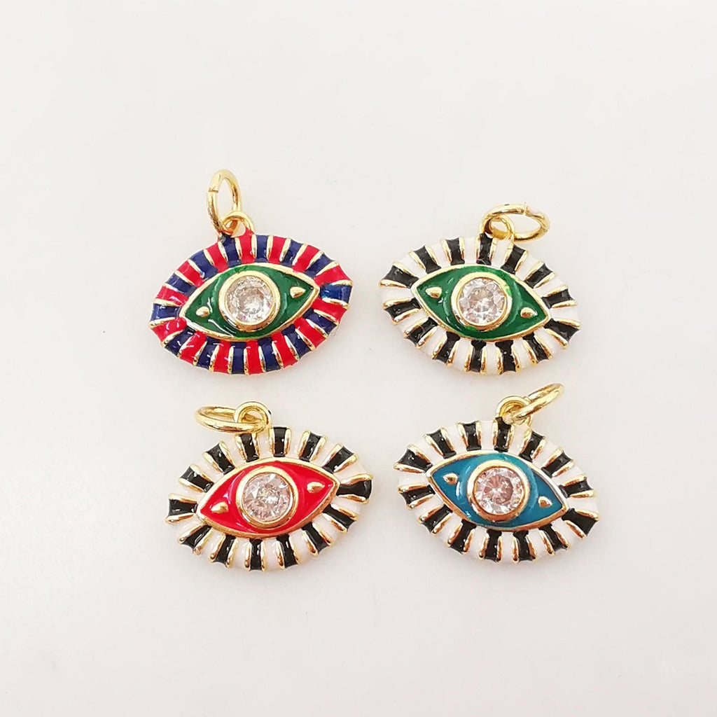 Enamel Cubic Evil Eye Charm, 18K Gold Plated Micro CZ Pave Eye Pendant, Necklace Making Charm, 15mm, Jewelry Findings S1074