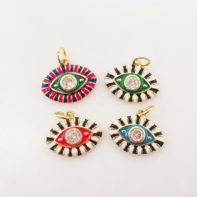 Enamel Cubic Evil Eye Charm, 18K Gold Plated Micro CZ Pave Eye Pendant, Necklace Making Charm, 15mm, Jewelry Findings S1074