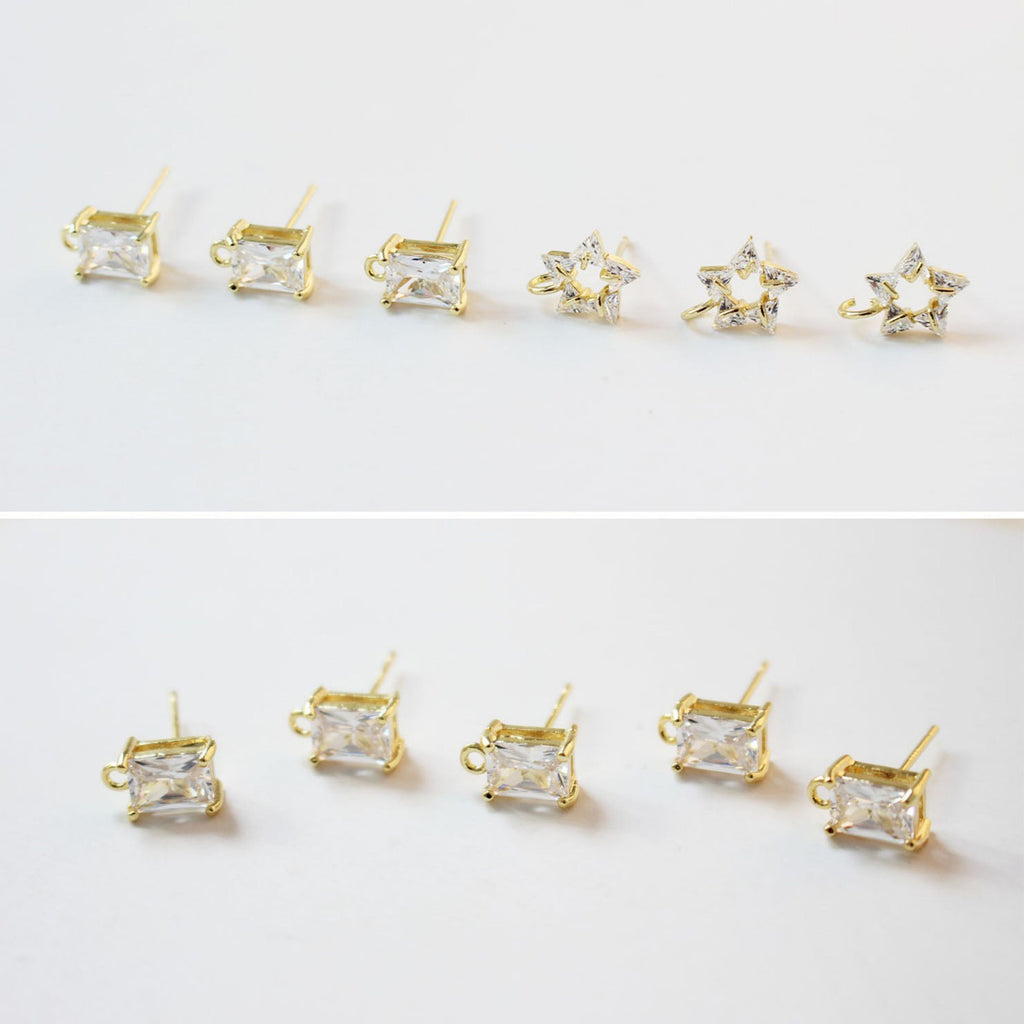 Rectangular Ear Post With Loop, Star, CZ Stone, S925 Silver Ear Pin Nickel Free, Gold Ear Stud, Hypoallergenic Earring Findings GZ179