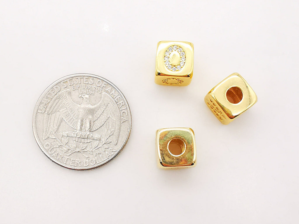 18K Shiny Gold Cube Alphabet Beads, Initial Square Beads, Micro CZ Pave, 9x9mm, Big Hole Letter Beads for Necklace Bracelet Making S909