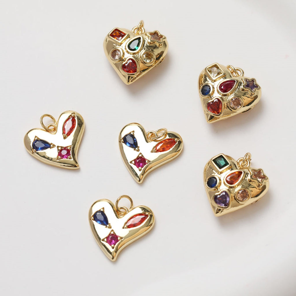 Gold Heart Charms, Rainbow CZ Pave, 18K Gold Plated, Love Pendant, Necklace Making Pendants, Jewelry Findings GZ343