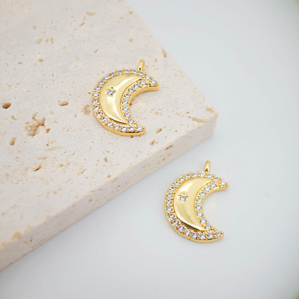 Cubic Crescent Moon Charm, 18K Gold Plated Moon Pendant, Clear Micro CZ Pave Horn Charms, 20x14mm, Jewelry Findings S116