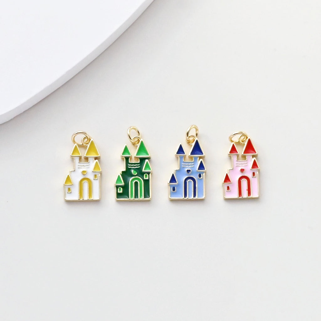 Colgante de castillo, dijes de castillo 3D esmaltados, dijes de castillo chapados en oro de 18 quilates, para hacer pulseras y collares, accesorios de joyería S1376