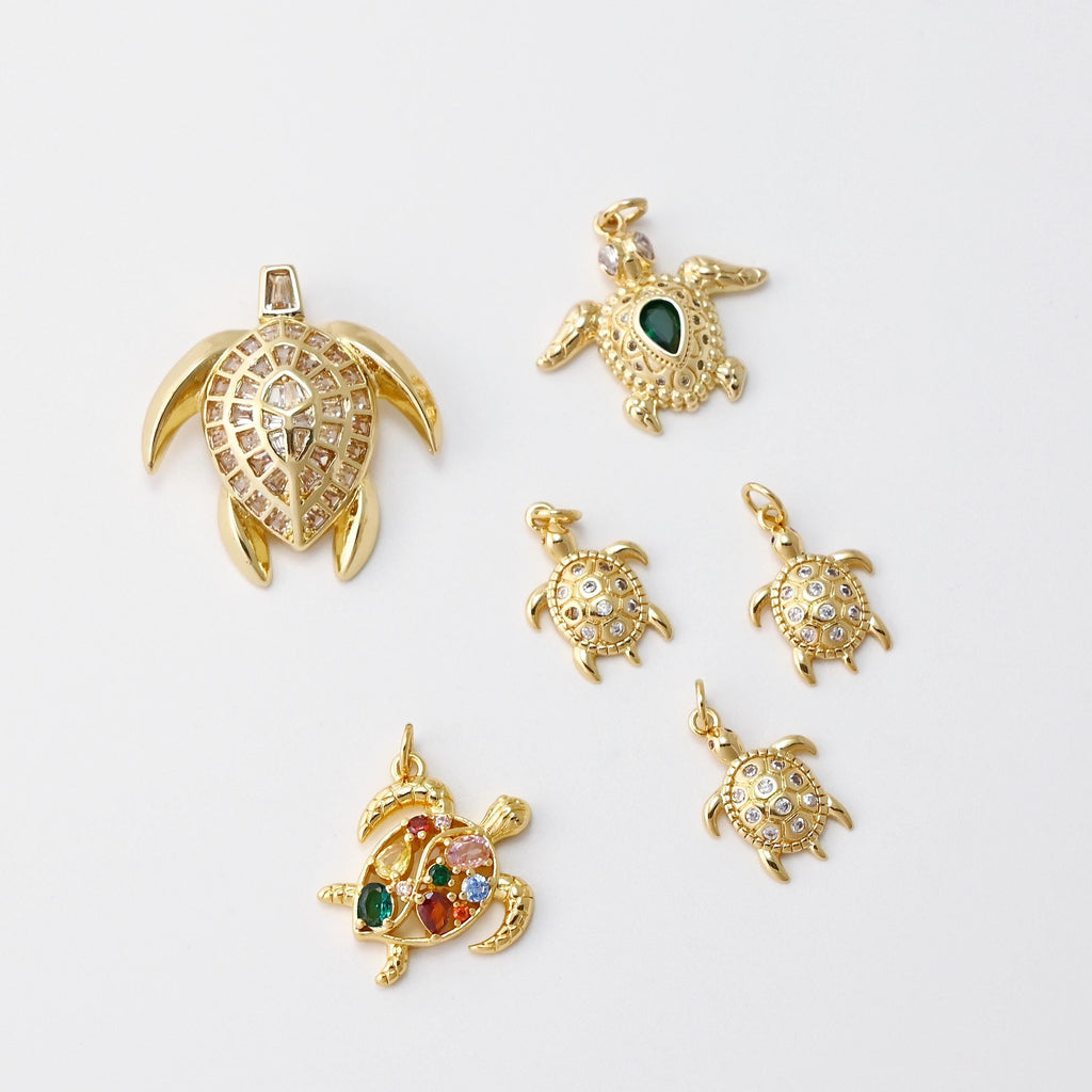 Sea Turtles Charm, 14K Gold Plated Cubic Micro CZ Pave Charms, Marine life Pendant for Necklace Jewelry Findings S20745