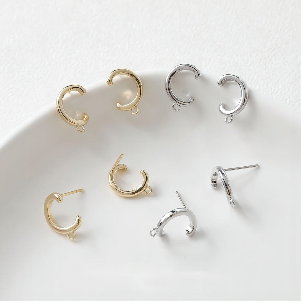 C Shape Earrings Post With Loop, 14K Gold, S925 Silver Ear Pin Nickel Free Earrings, Ear Stud Loop, Hypoallergenic Earring Findings GE049