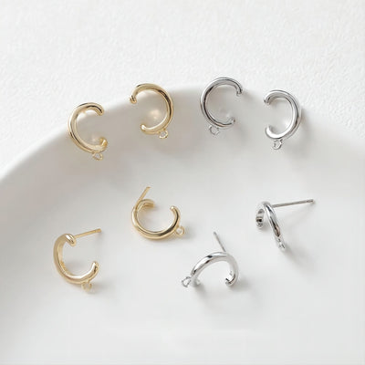 C Shape Earrings Post With Loop, 14K Gold, S925 Silver Ear Pin Nickel Free Earrings, Ear Stud Loop, Hypoallergenic Earring Findings GE049